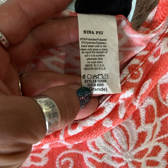 Floral sundress L coral white textured poly stretch full skirt color block Nina - Picture 4 of 7